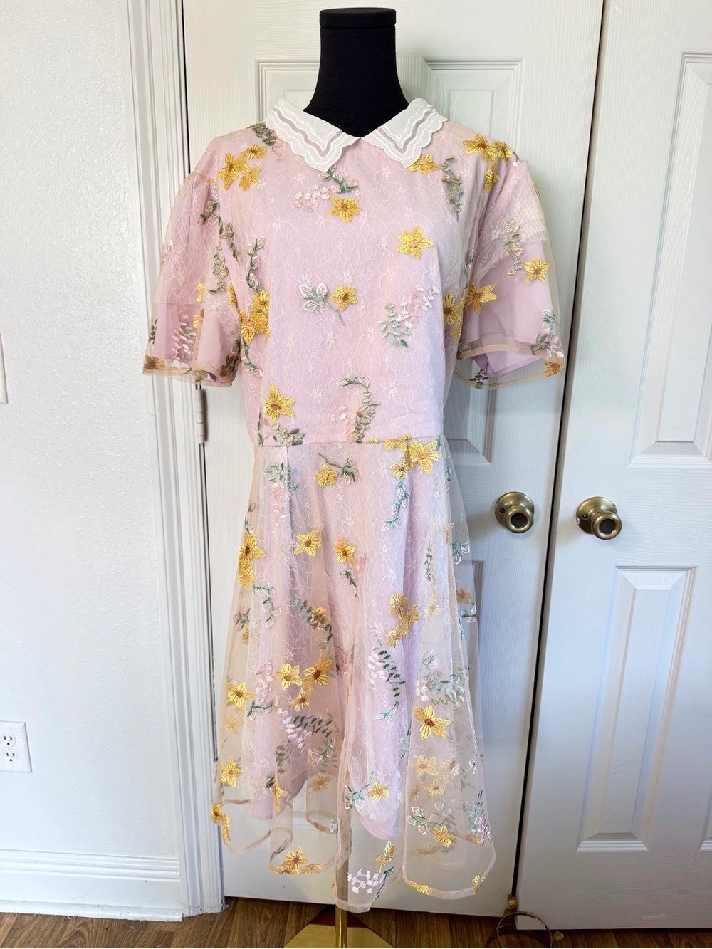 Ivy City Co Penelope Dress 2X Pink Embroidered Floral Tulle Peter Pan Collar